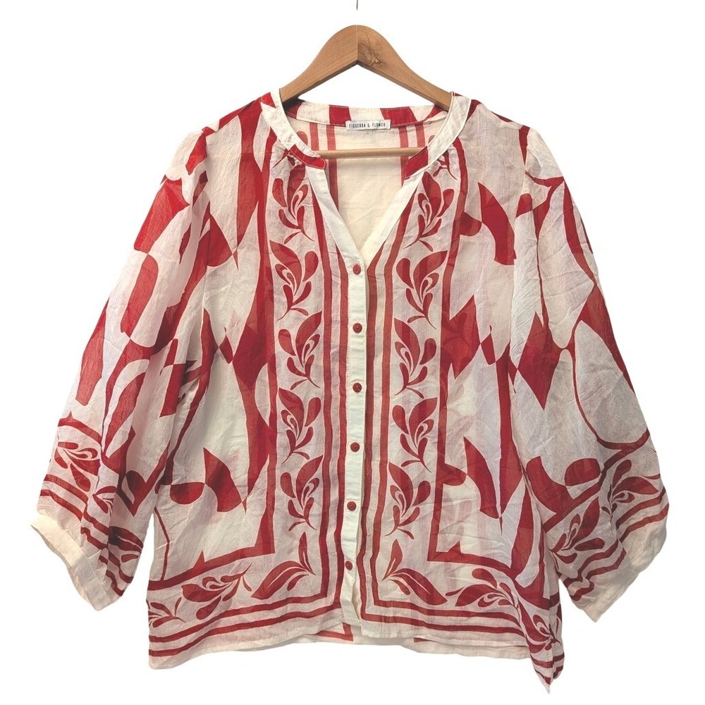 Figueroa & Flower Red White Geometric Floral Button Front Blouse CLO60B04 Size L